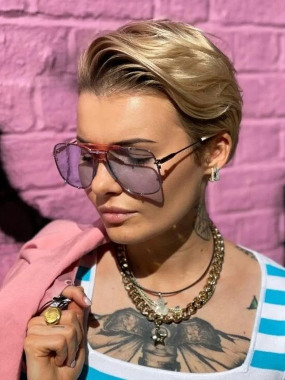 Gucci GG0739S 005 Aviator Sunglasses - Gold / Blue